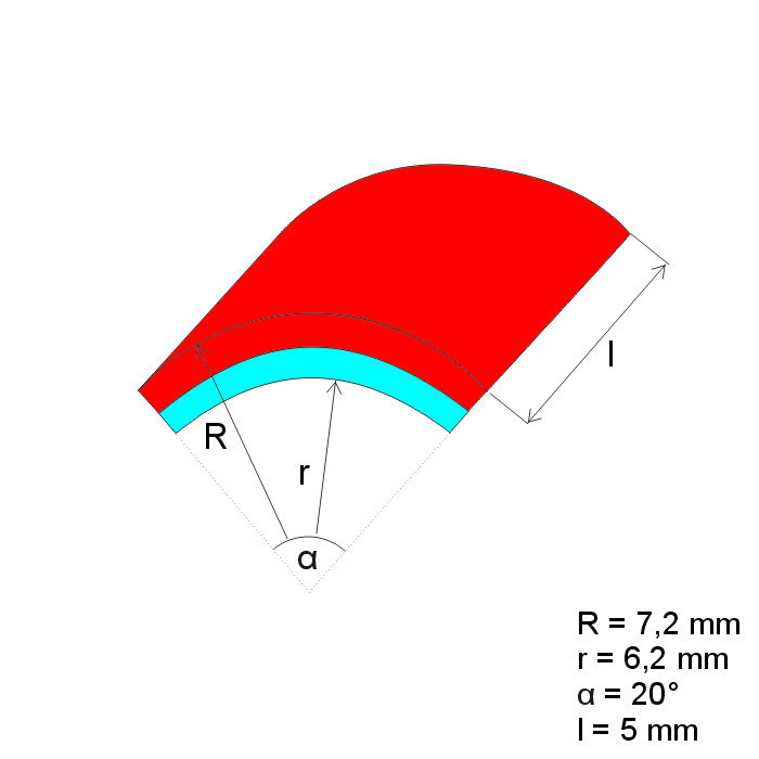Neodymový magnet-segment R7,20x r6,20x20°x5 P 150 °C, VMM8SH-N45SH
