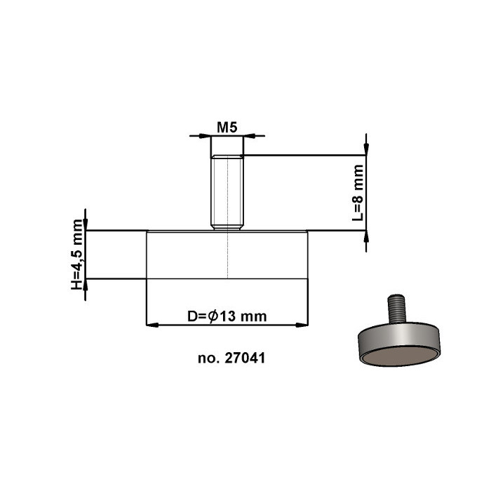 Magnetická čočka se stopkou pr. 13 x výška 4,5 mm s vnějším závitem M5. délka závitu 8 mm.