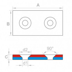 Neodymový magnet kvádr s dírou pro šroub se zápustnou hlavou 40 x 20 x 4 N 80 °C, VMM4-N35