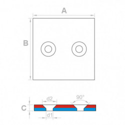 Neodymový magnet kvádr s dírou pro šroub se zápustnou hlavou 40 x 40 x 4 N 80 °C, VMM4-N35