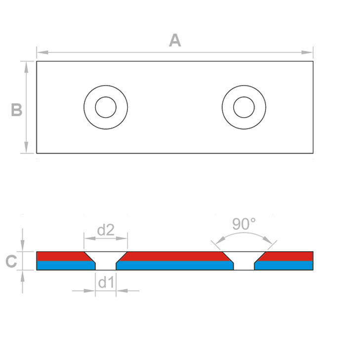 Neodymový magnet kvádr s dírou pro šroub se zápustnou hlavou 60 x 20 x 4 N 80 °C, VMM4-N35